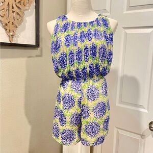 French Corner SoHo Purple Hydrangeas Romper Size Small Open Back